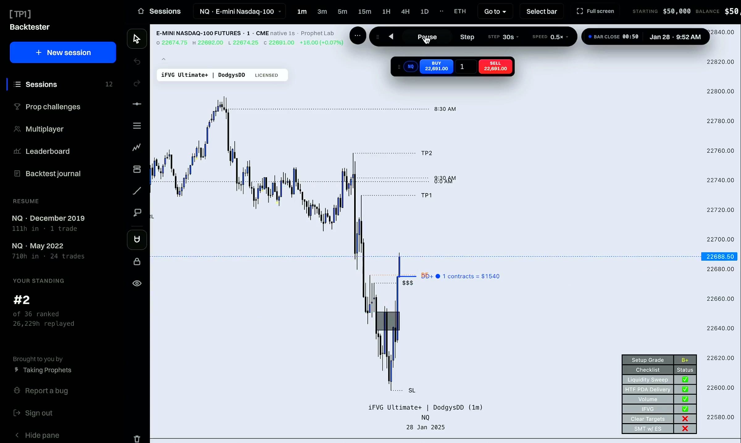 The TP1 Backtester replaying an NQ morning bar by bar with a simulated practice account
