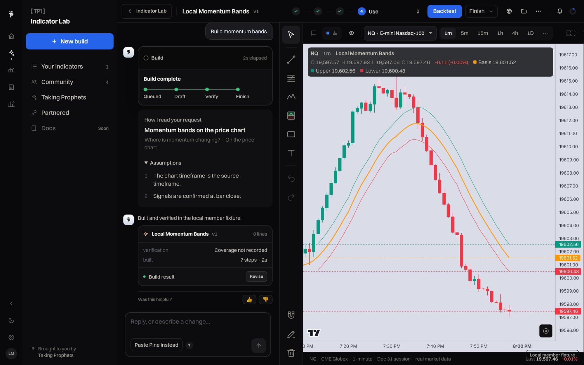 A finished build in the TP1 Indicator Lab with a Backtest button