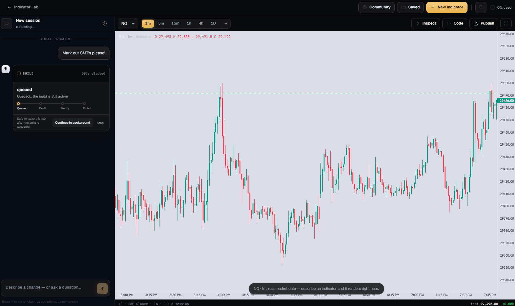 The Lab mid-build: a plain English request on the left, the build queued, a live NQ one minute chart on the right