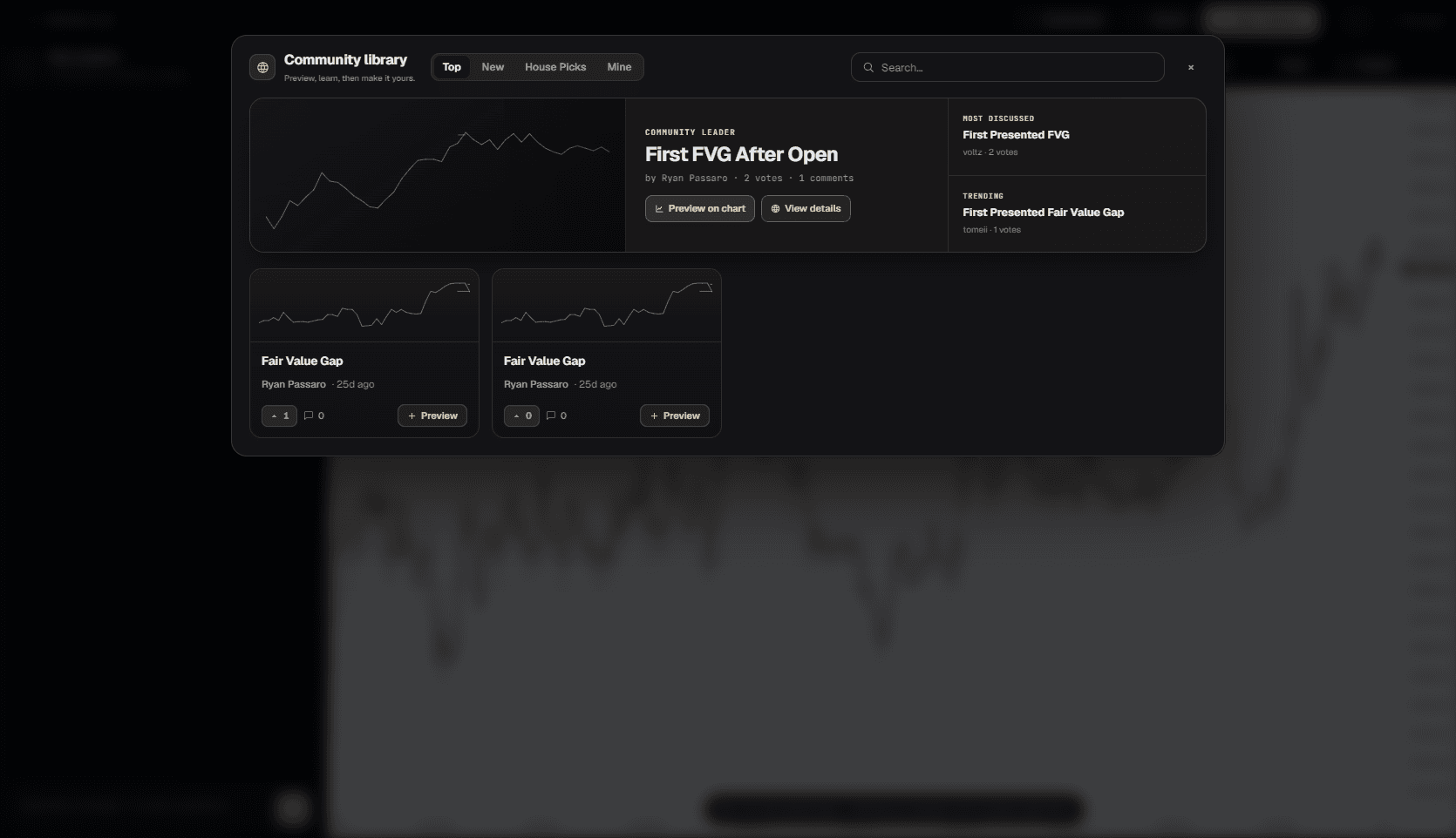 The community library inside the Lab: top builds, a community leader, and preview buttons